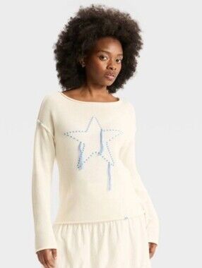 Wild Fable White Blue Star Knit Sweater Size L NWT